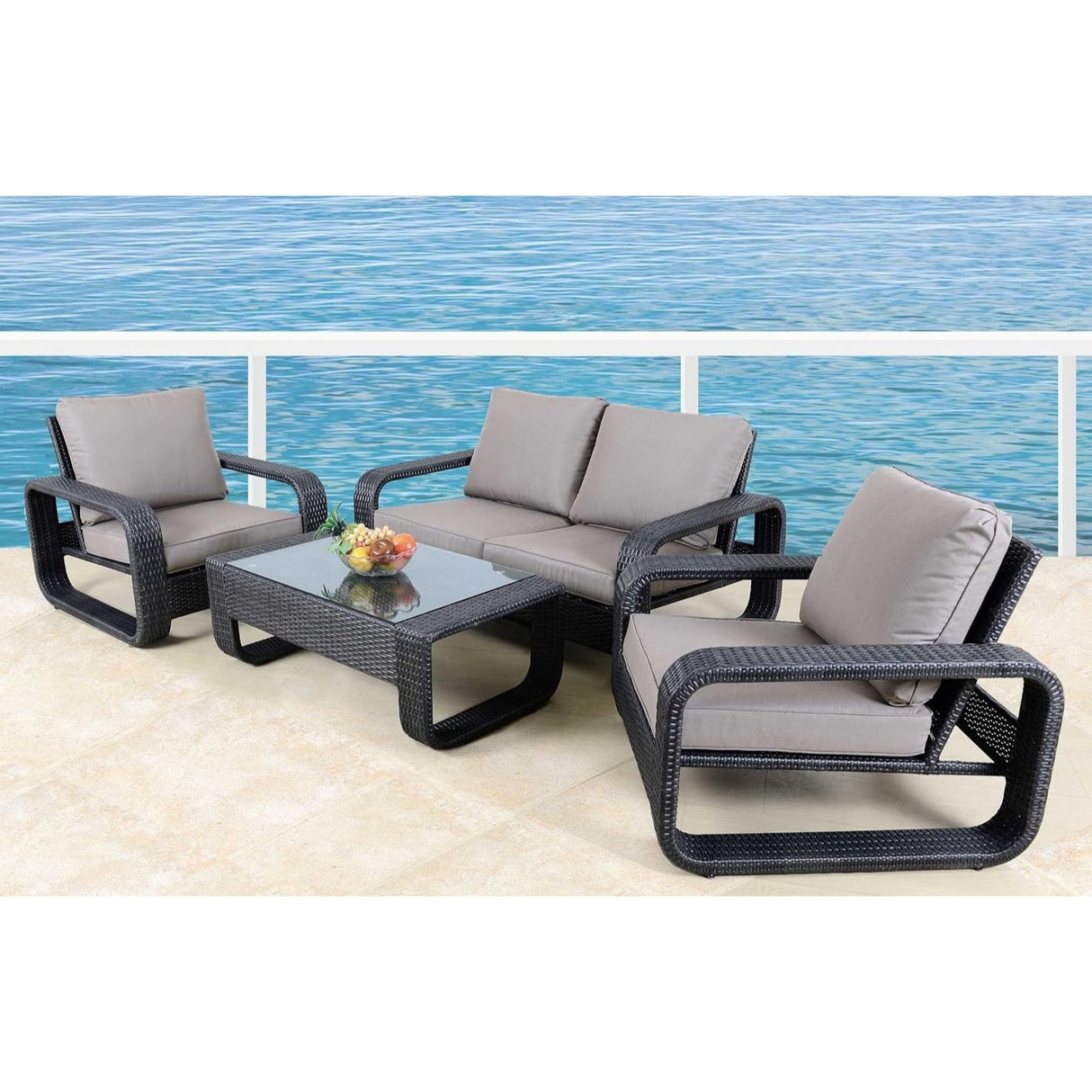 4-Piece Outdoor Rattan Wicker Patio Sofa Set & Glass Top Table