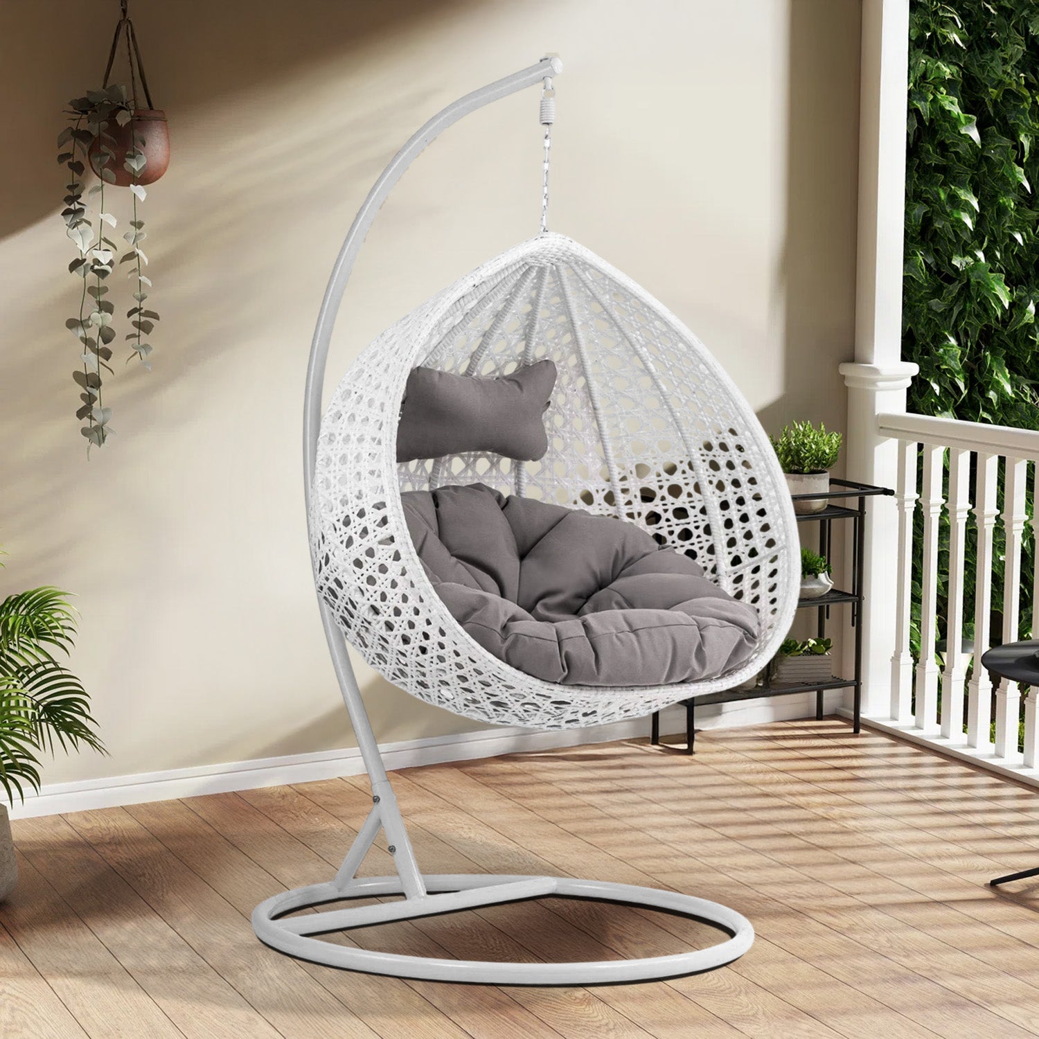 Single Seater Rattan & Wicker Swing (White & Grey)