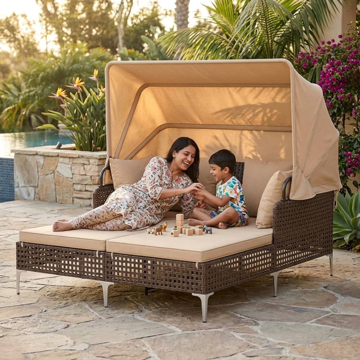 Luxury Outdoor Rattan Wicker Daybed with Canopy & Cushions