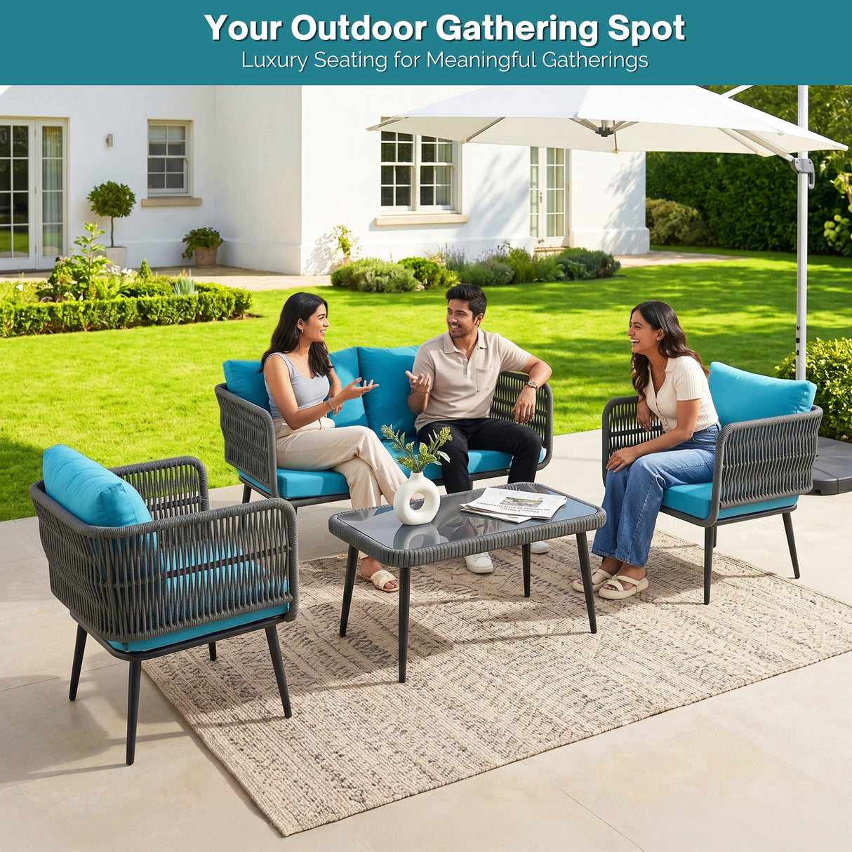 Outdoor Rope 4 Seater Conversation Furniture Set (Grey & Sky-Blue)