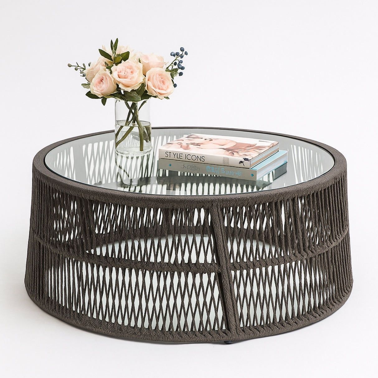 Outdoor Rope 4 Seater Sofa Set With Glass Top Tables