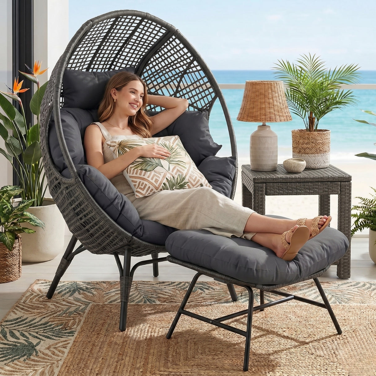 4-Piece Outdoor Wicker Egg Chair Set with Ottomans (Black & Dark Grey)