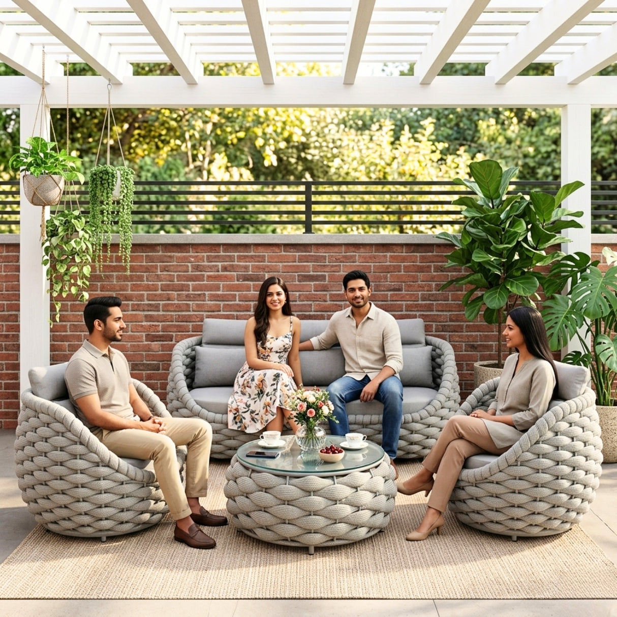 Outdoor Rope 5-Seater Sofa Set with Glass Top Center Table (Grey)