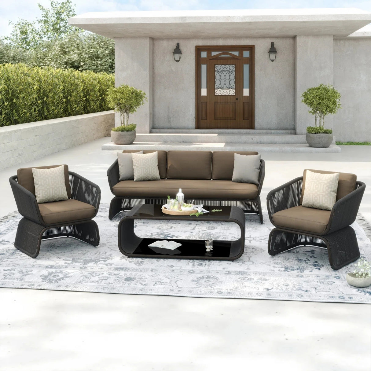 Outdoor Braided Rope Sofa Set With 2-Tier Glass Top Table