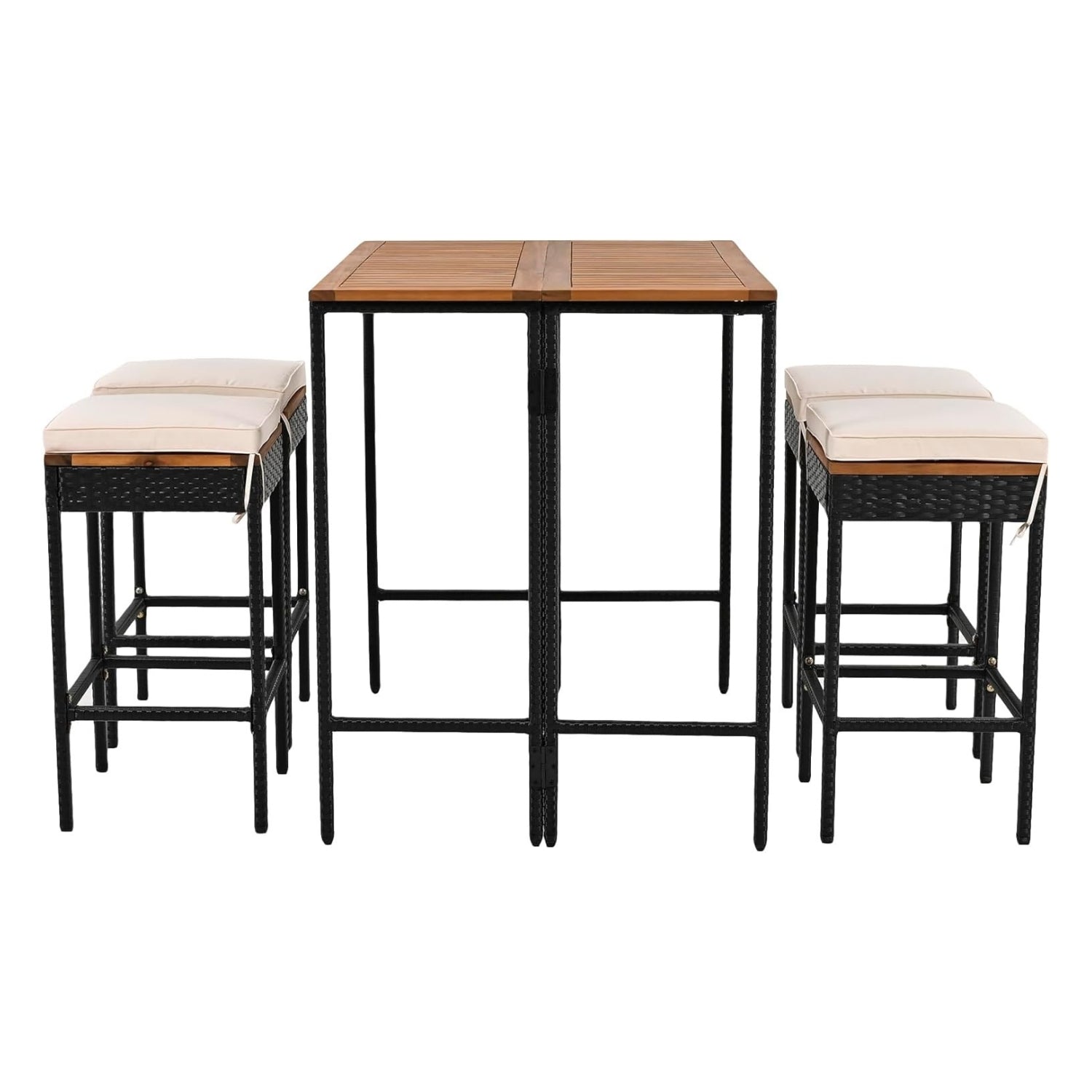 5-Piece Outdoor Rattan Wicker Bar Set with Wooden Top Table