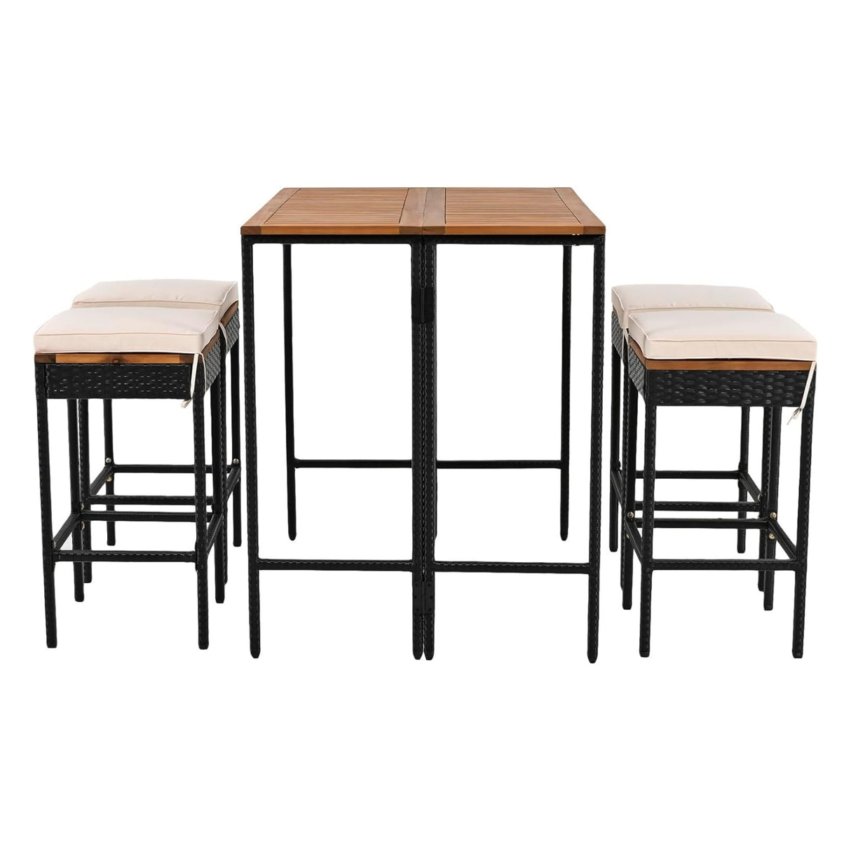 5-Piece Outdoor Rattan Wicker Bar Set with Wooden Top Table