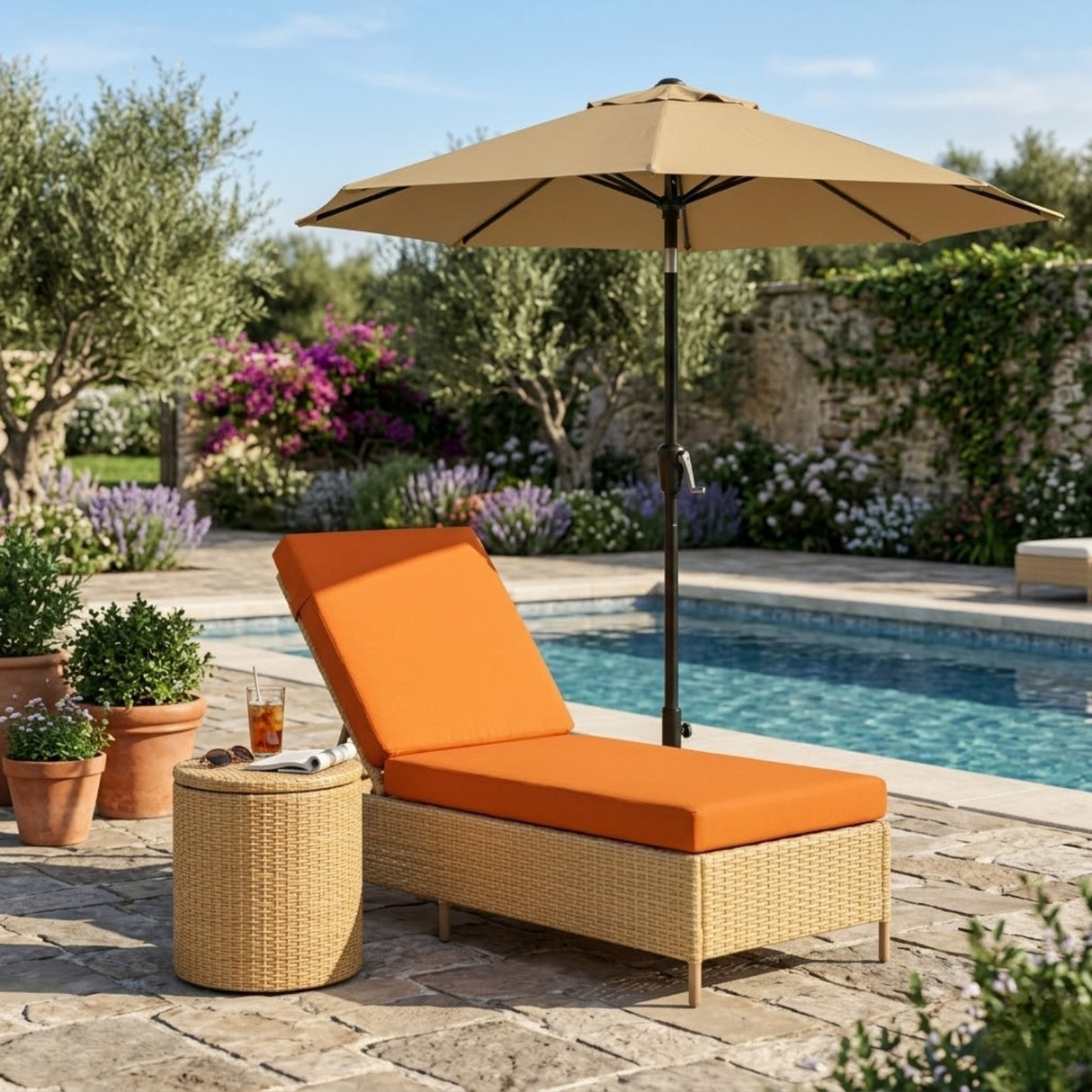 Outdoor Wicker Rattan Lounger Set of 2 with Patio Umbrella (Beige & Orange)