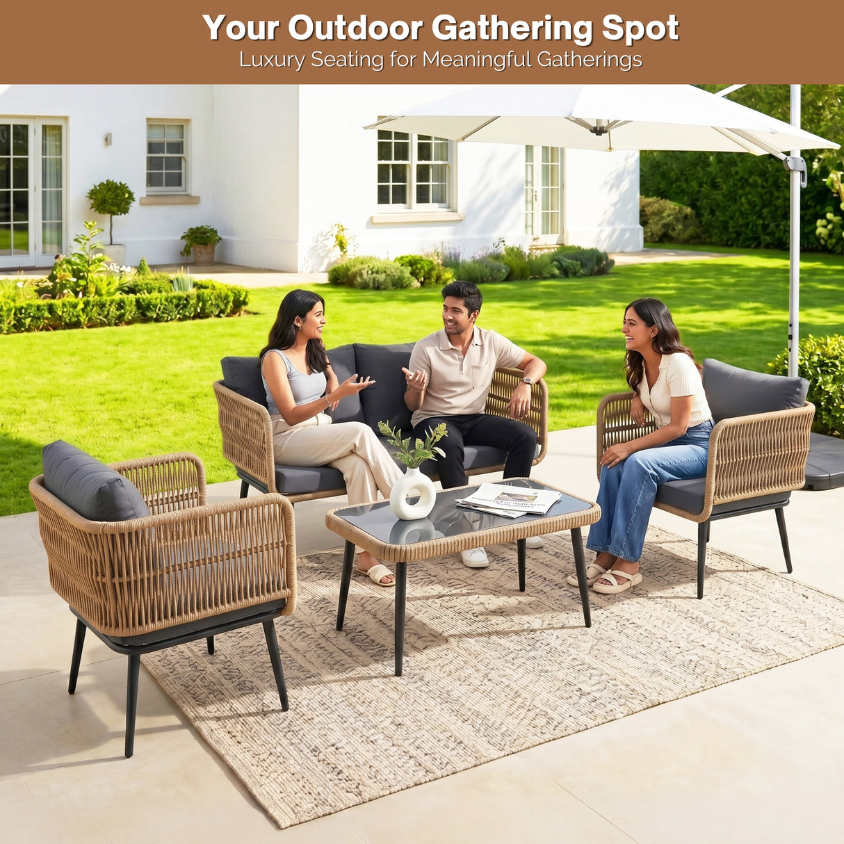 Outdoor Rope 4 Seater Conversation Furniture Set (Beige & Dark Grey)