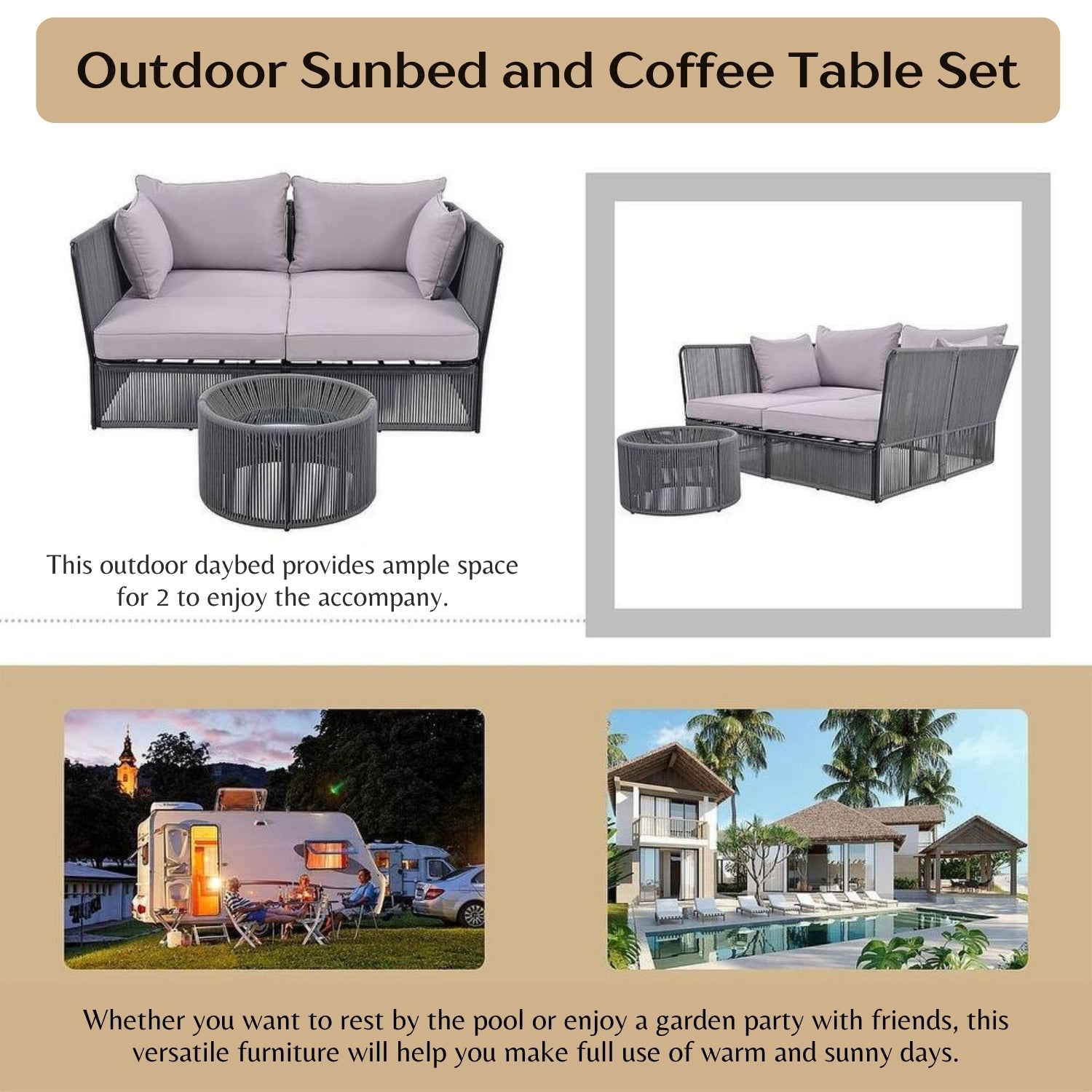 Outdoor Rope 2 Seater Patio Daybed With Side Table