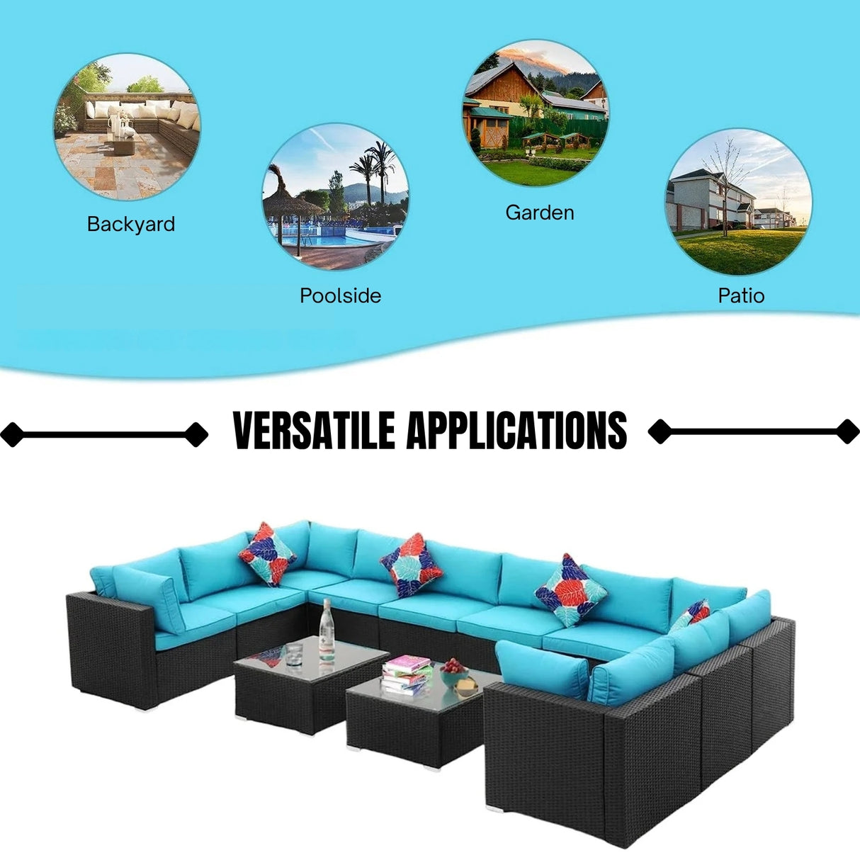 6-Piece Outdoor Wicker Sofa Set (Black/Sky-Blue)