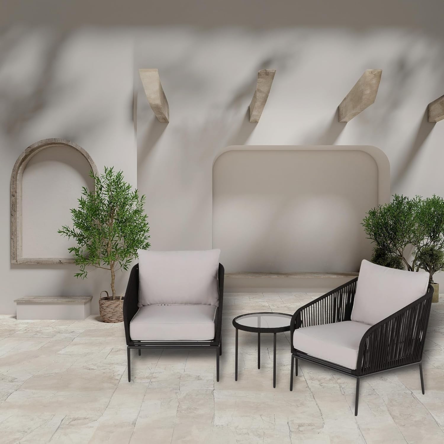 3 Piece Outdoor Rope Bistro Set (Black & White)