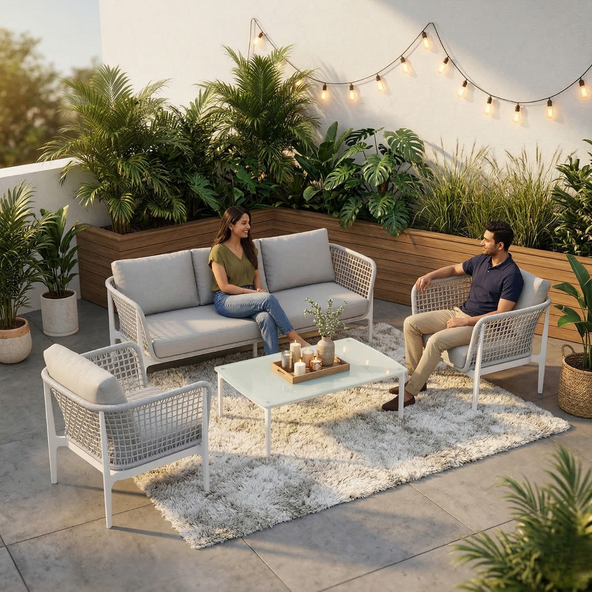 Outdoor Rope 5-Seater Sofa Set With Glass Top Table (Grey)