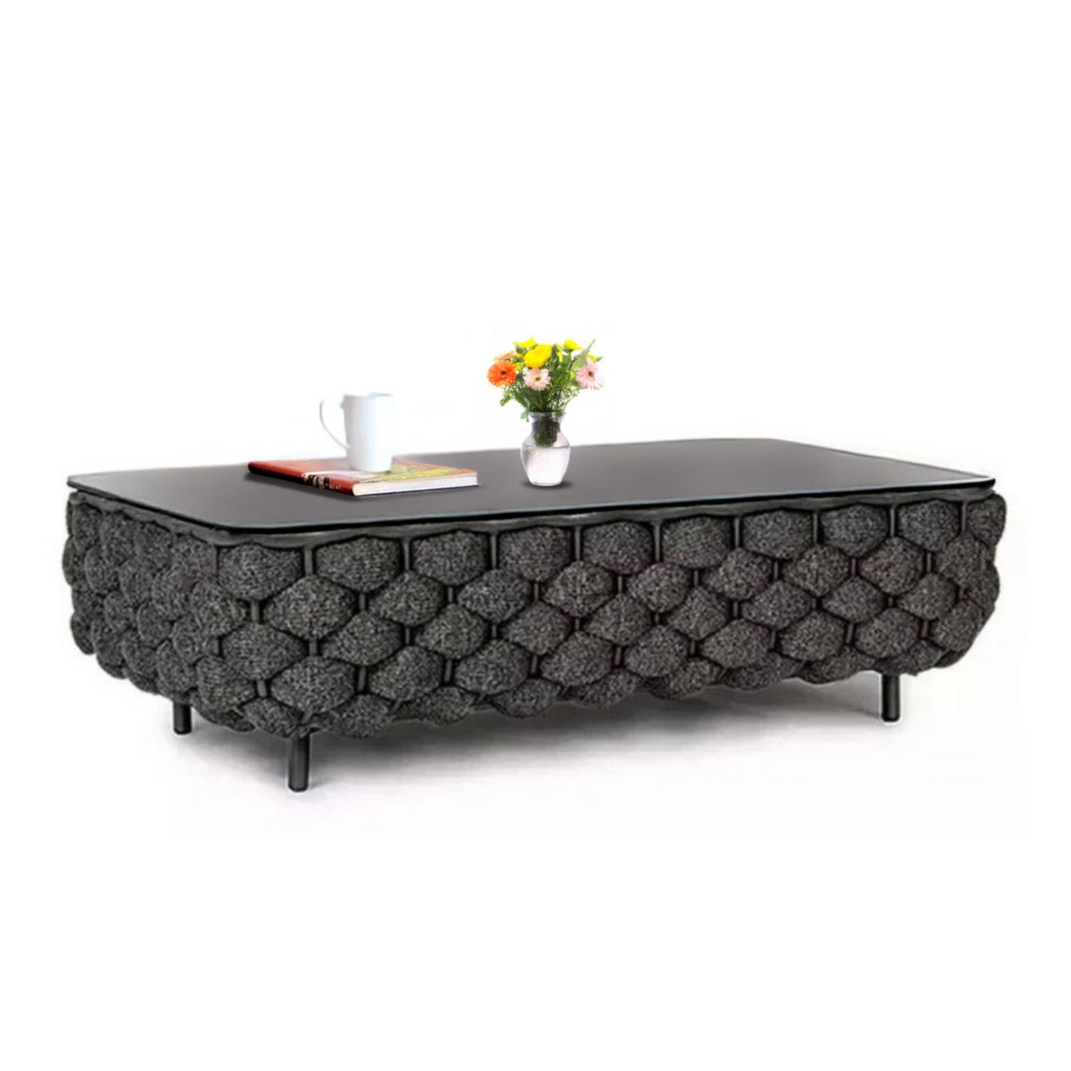 4 Piece Outdoor Rope Sofa Set with Glass Top Coffee Table (Black)
