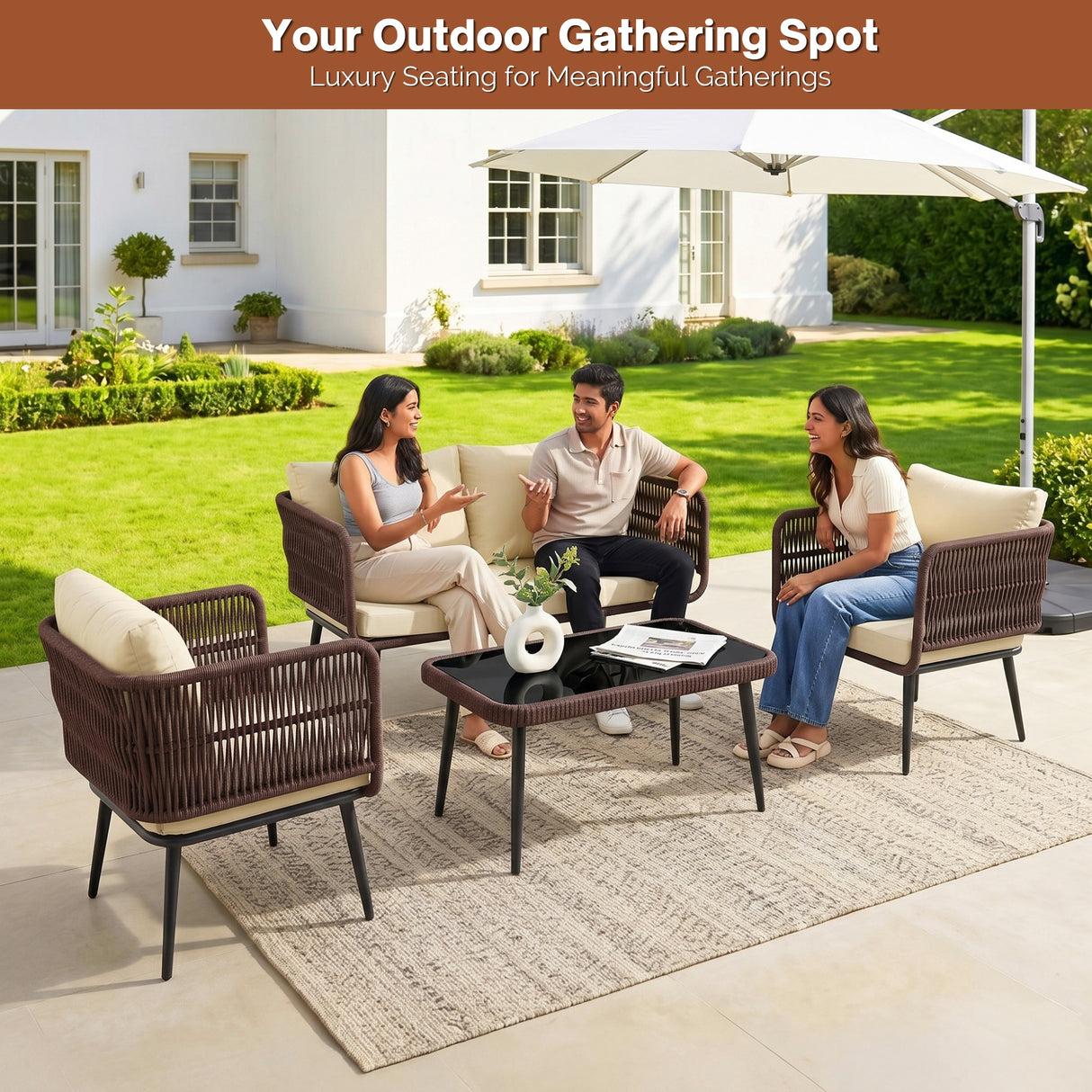 Outdoor Rope 4 Seater Conversation Furniture Set (Brown & Cream)