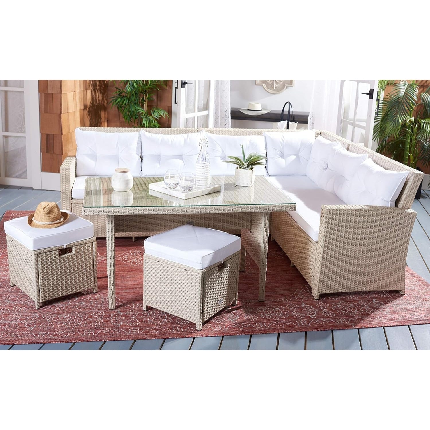 5-Piece Wicker Patio Conversation Set (Beige/White)