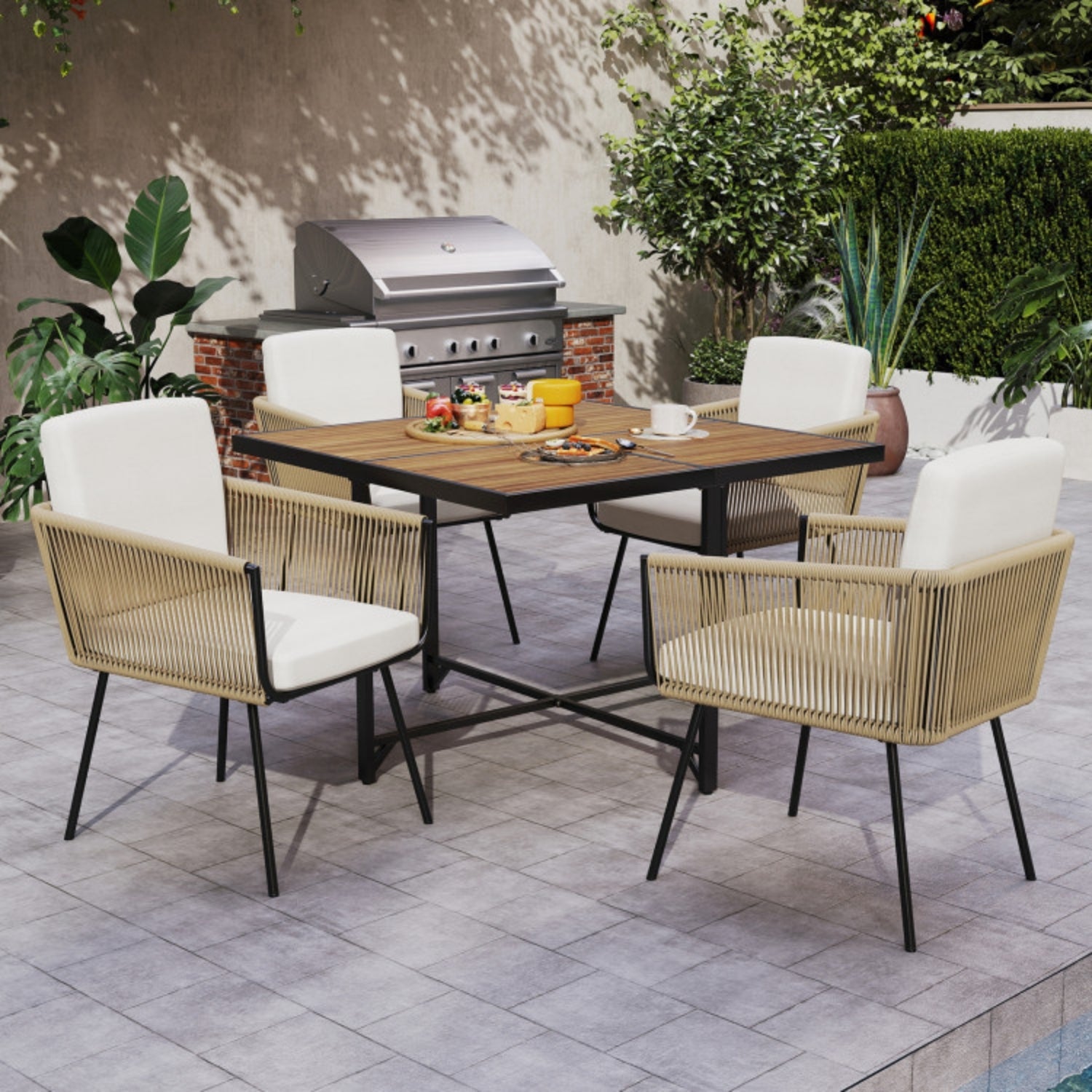 5-Piece Outdoor Patio Dining Set with Square Wood Tabletop