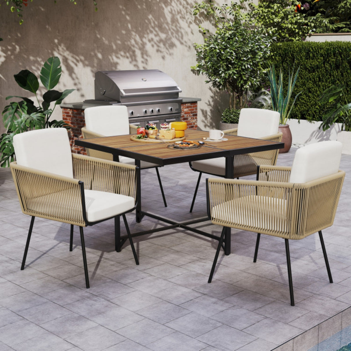5-Piece Outdoor Patio Dining Set with Square Wood Tabletop
