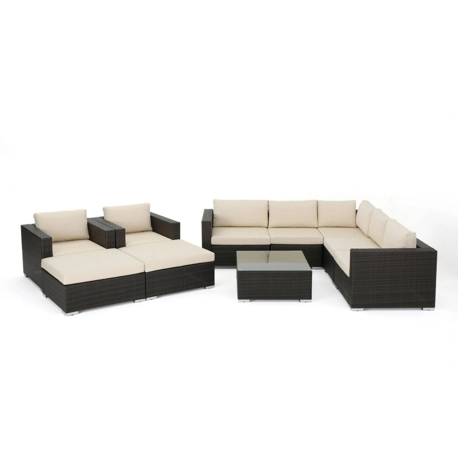 7-Piece Rattan Sectional Sofa Set (Dark Brown/Cream)