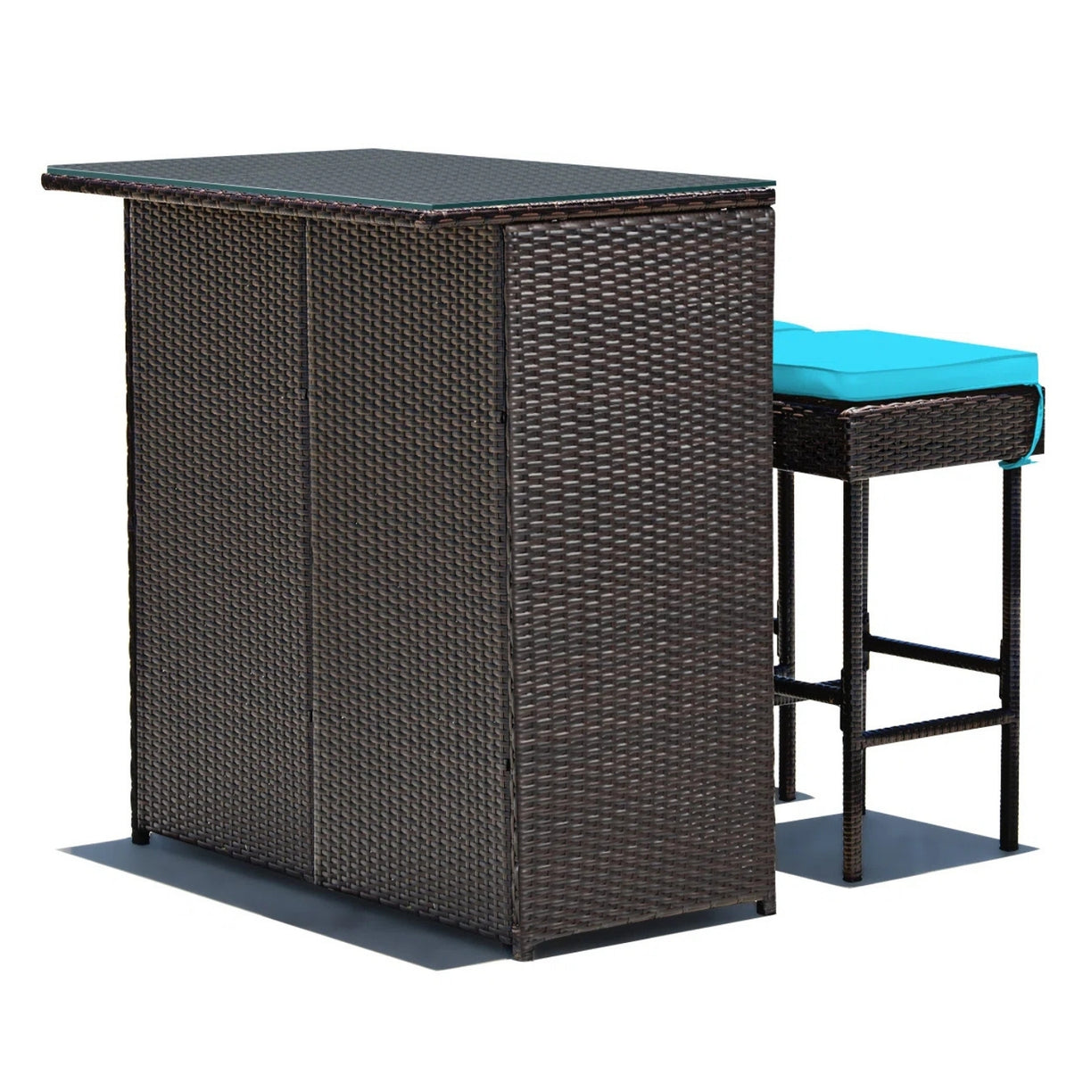 Outdoor Wicker Bar Set with Glass Top, 2 Cushioned Stools