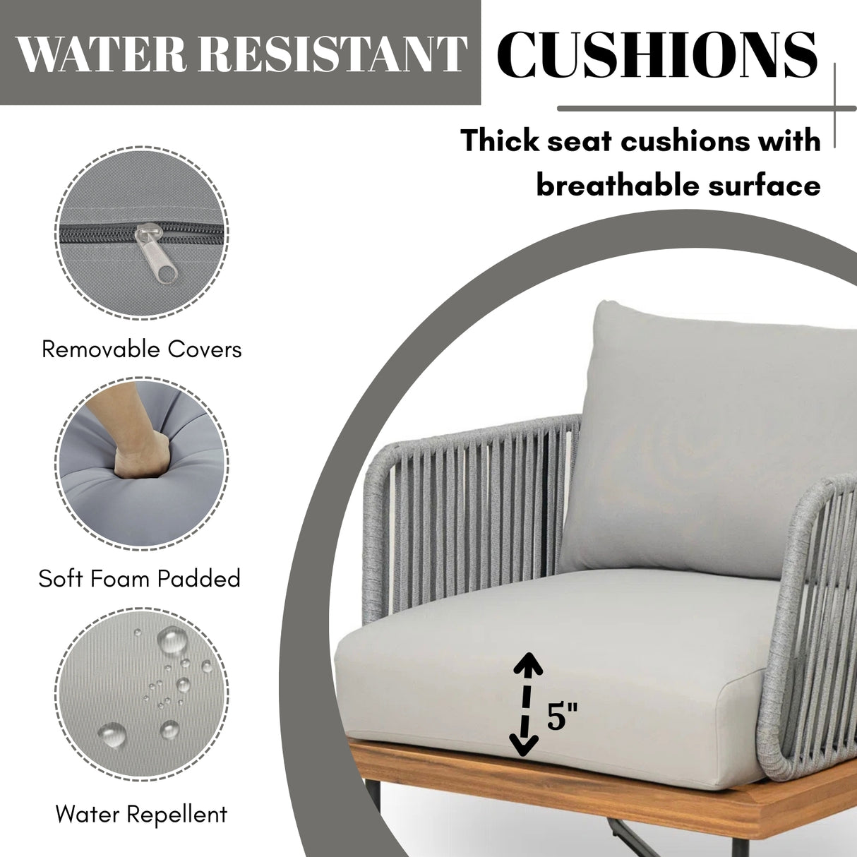 Outdoor 4-Piece Rope Woven Conversation Sofa Set with Wooden Top Table