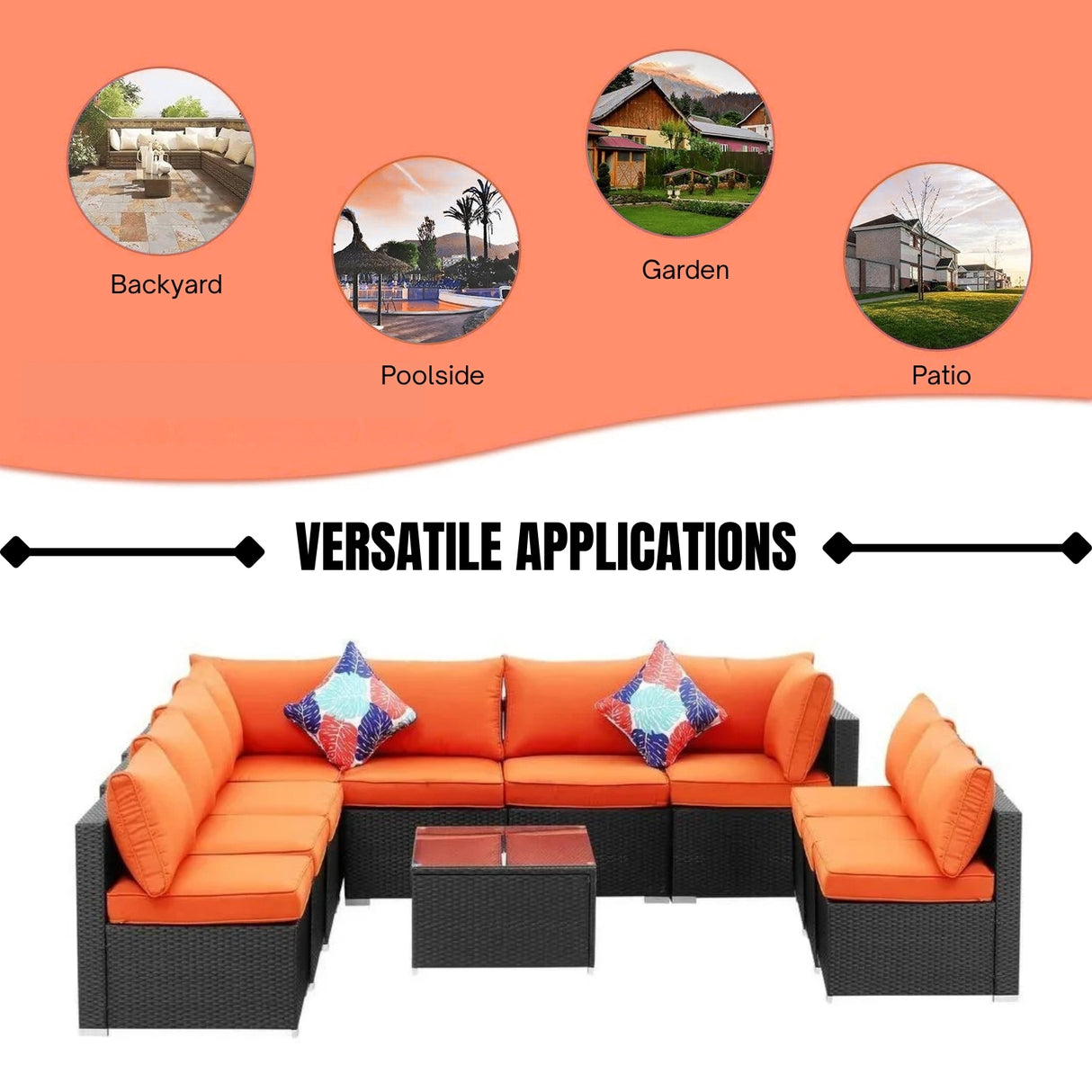 Outdoor Garden Conversation Sofa Set (Black/Orange)
