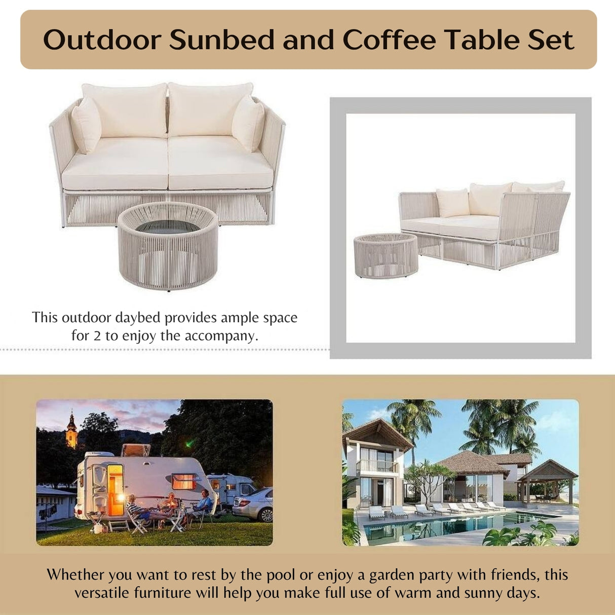 Outdoor Rope 2 Seater Patio Daybed With Side Table