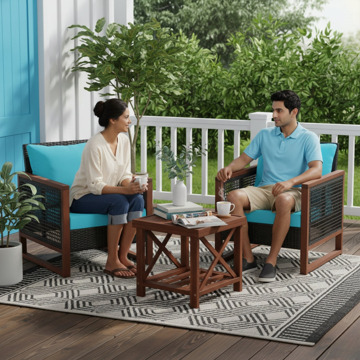 Outdoor Wicker 3-Piece Patio Furniture Set with Solid Wooden Frames (Dark Brown & Sky-Blue)