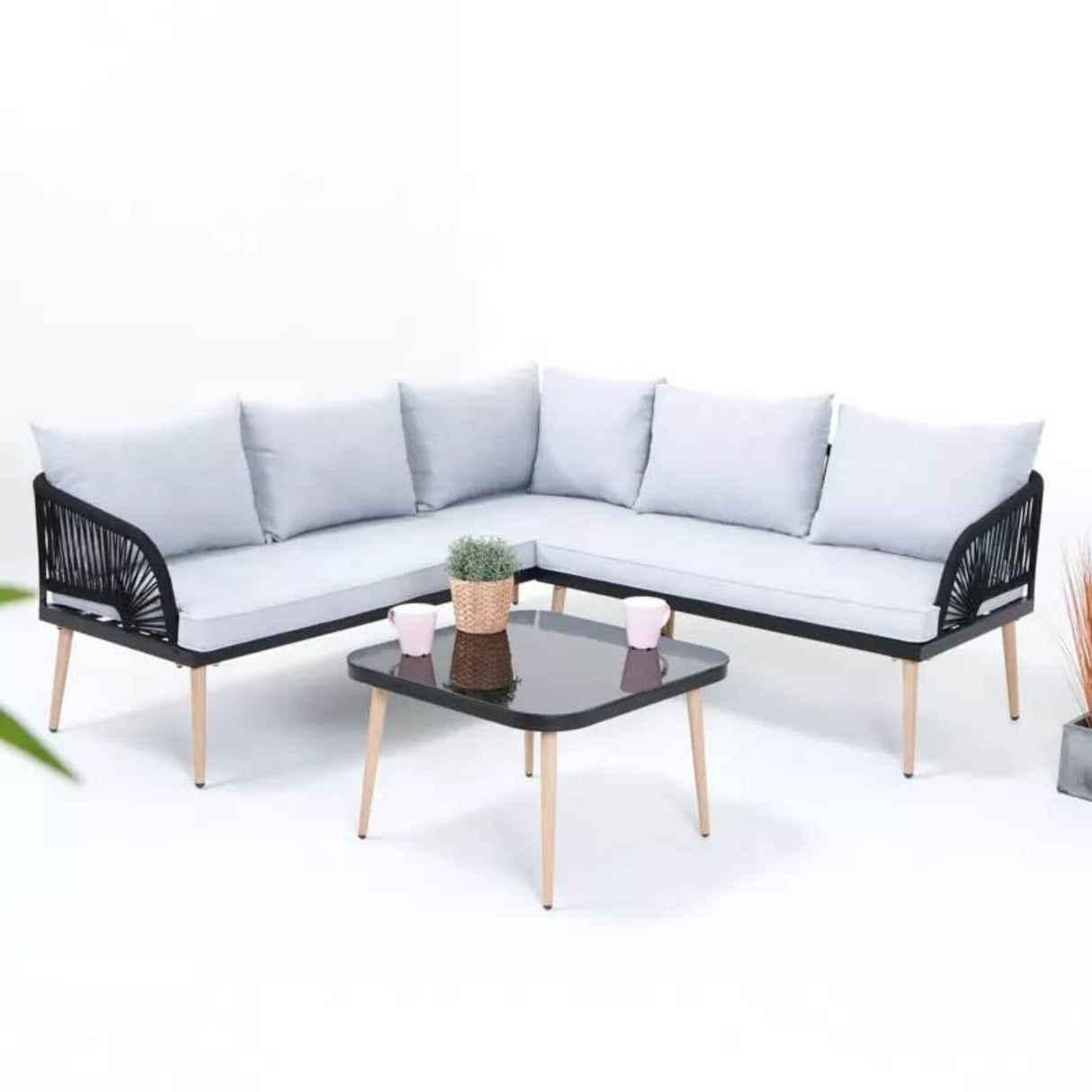 L-Shape 5 Seater Outdoor Patio Rope Conversation Set with Table