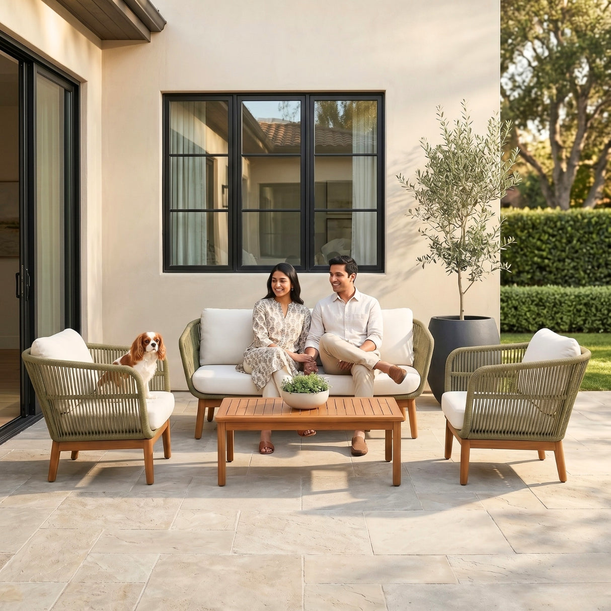 Outdoor Rope 4-Piece Patio Sofa Set with Wooden Legs & Coffee Table