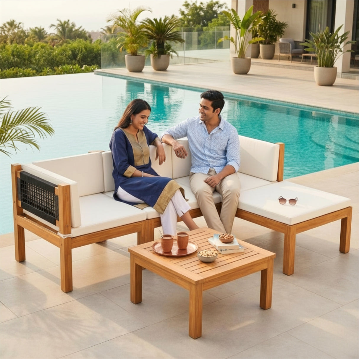 Outdoor Teak Wood & Rope L-Shape Sofa Set (Black & White)