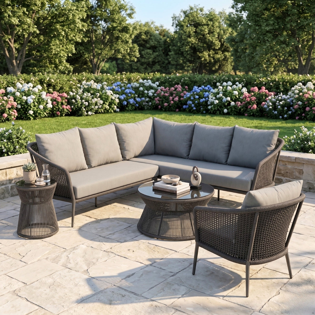 Outdoor Rope L-Shape Sofa Set with Center & Side Table (Grey)