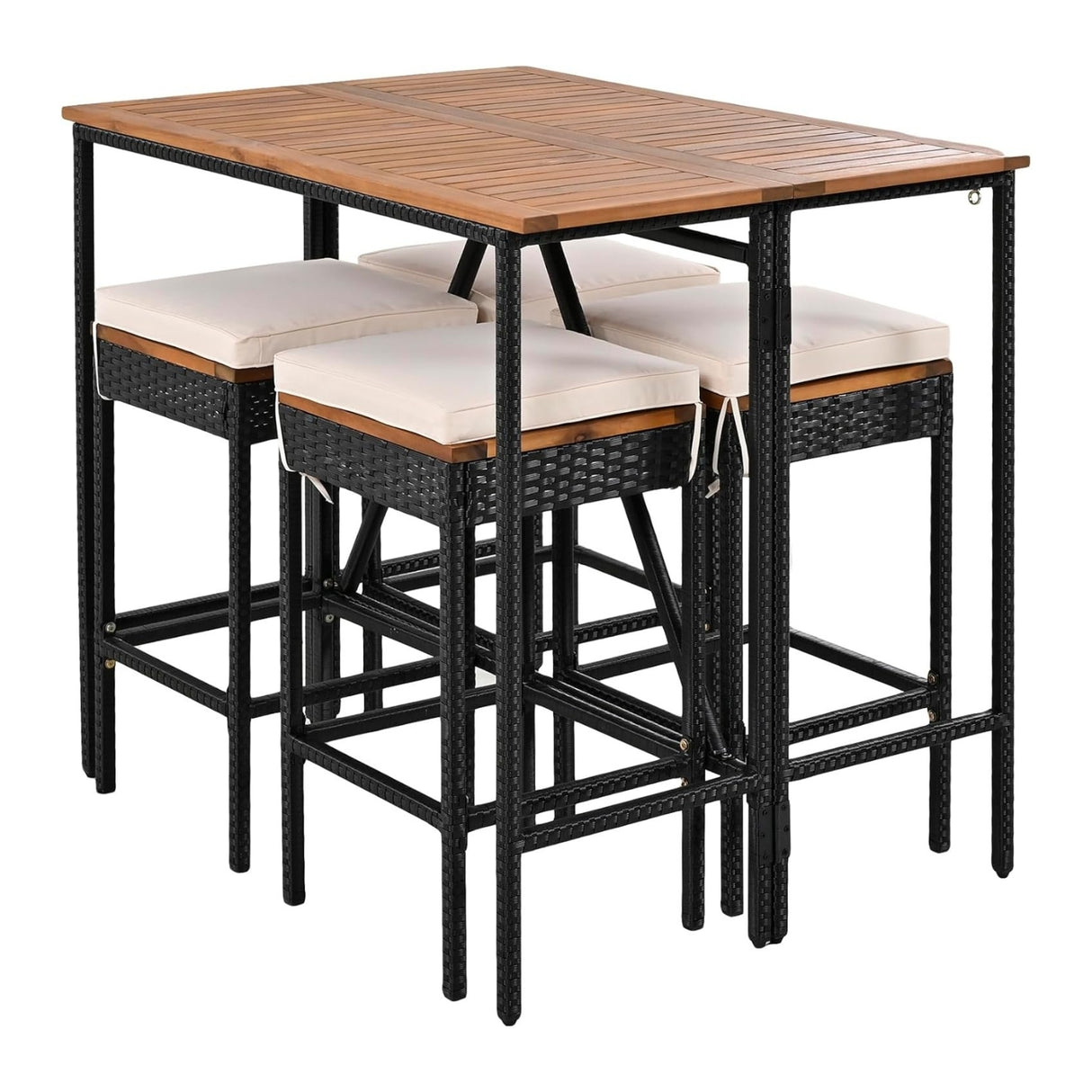 5-Piece Outdoor Rattan Wicker Bar Set with Wooden Top Table