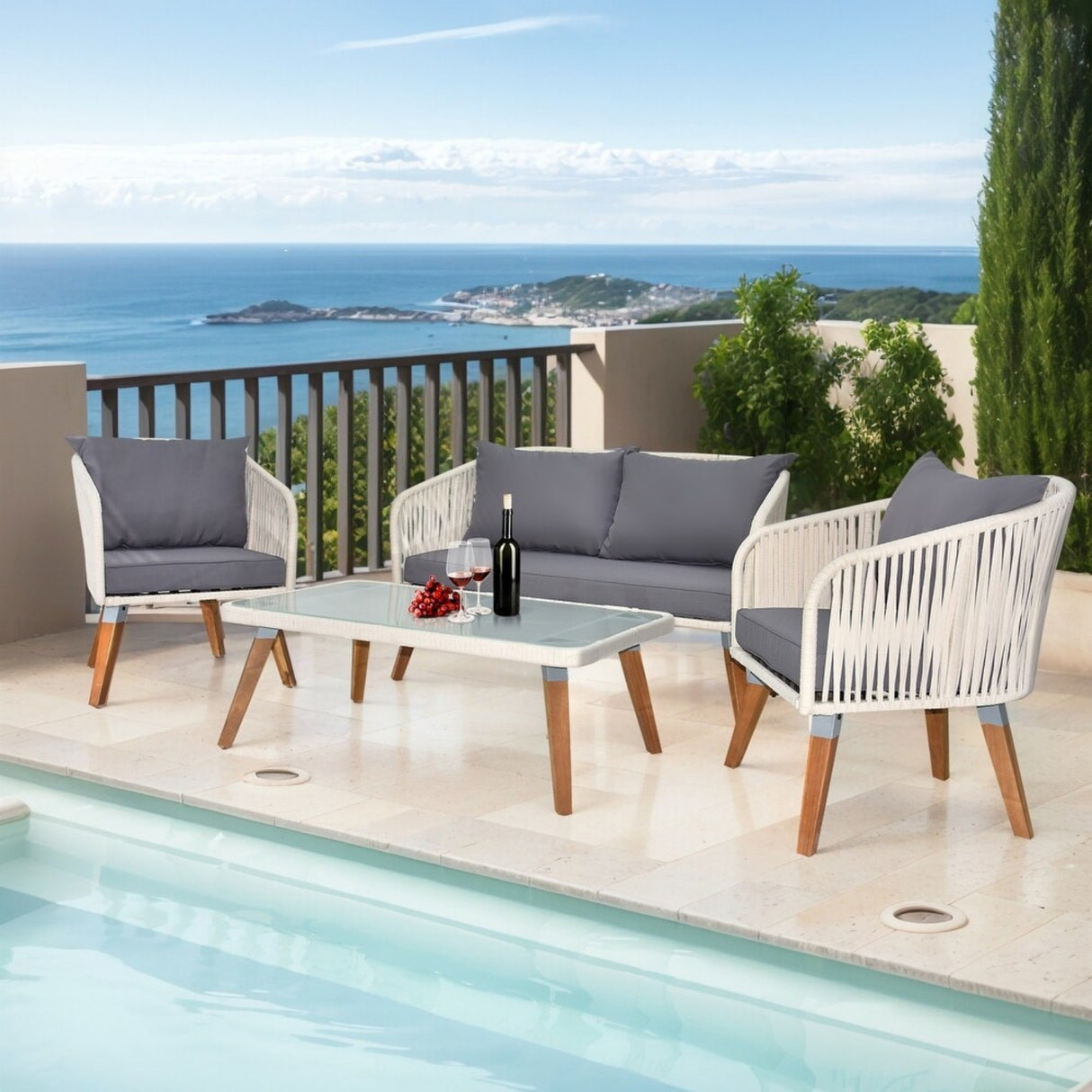 Outdoor Rope 4-Piece Sofa Set (White & Grey)