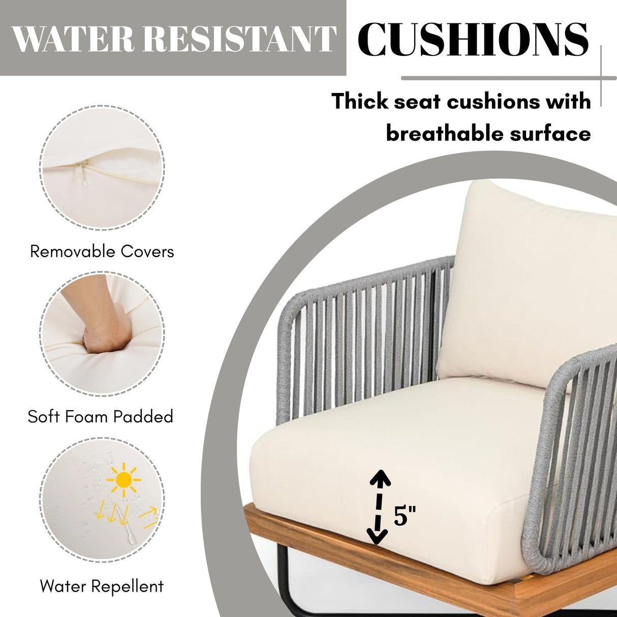 Outdoor 6-Piece Rope Woven Conversation Sofa Set with Wooden Top Table