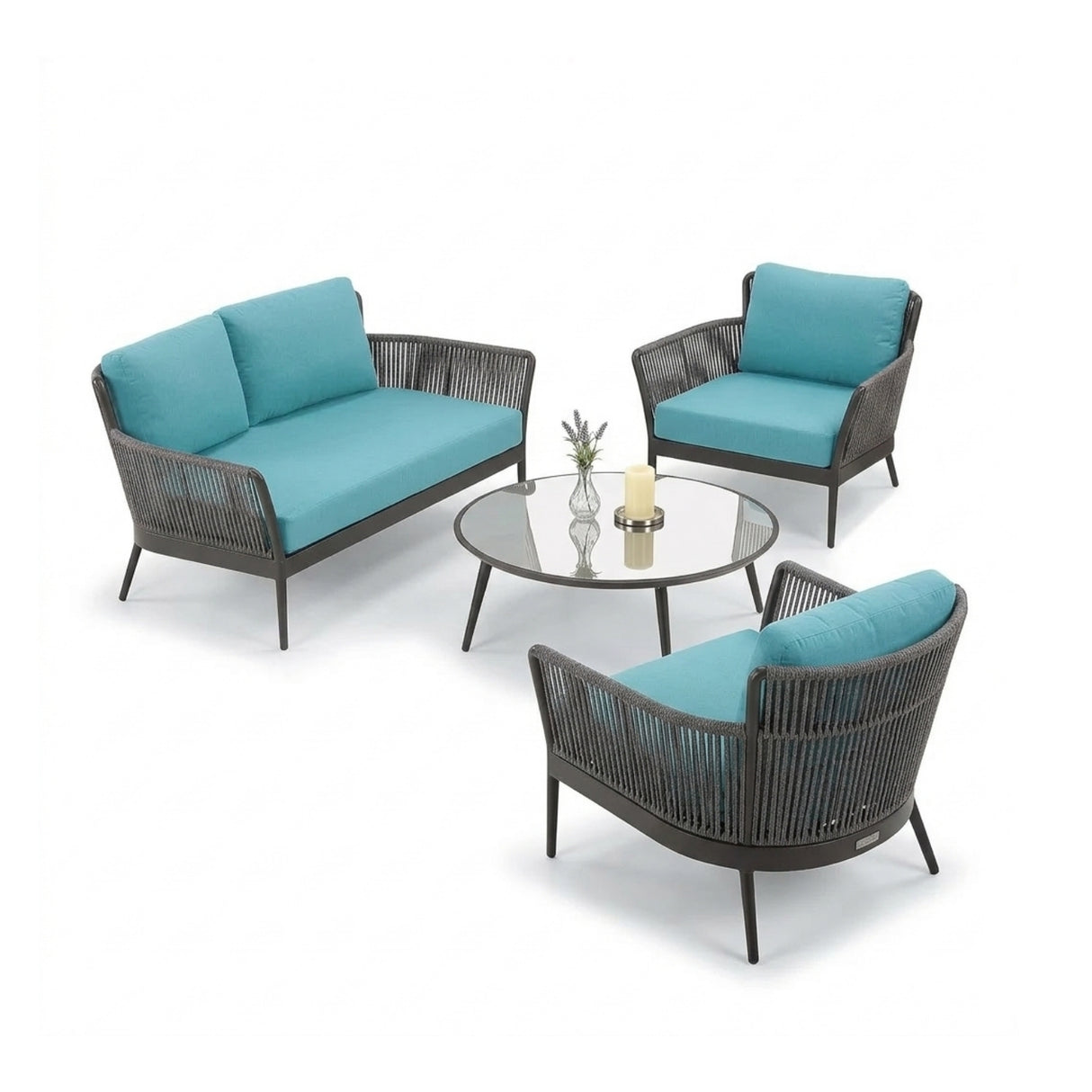 4-Piece Outdoor Rope Patio Furniture Set with Glass Top Table (Grey & Sky-Blue)