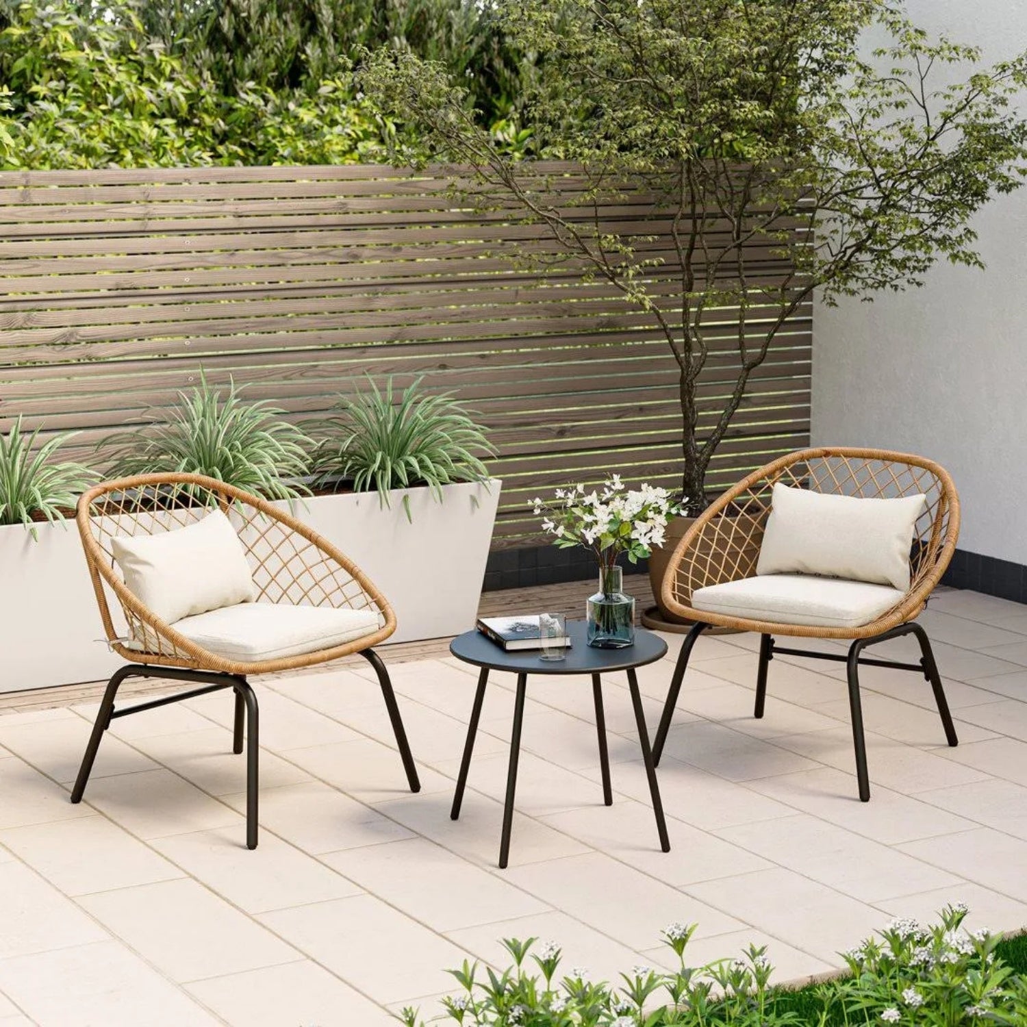 Outdoor Wicker 3-Piece Patio Set (Beige & White)