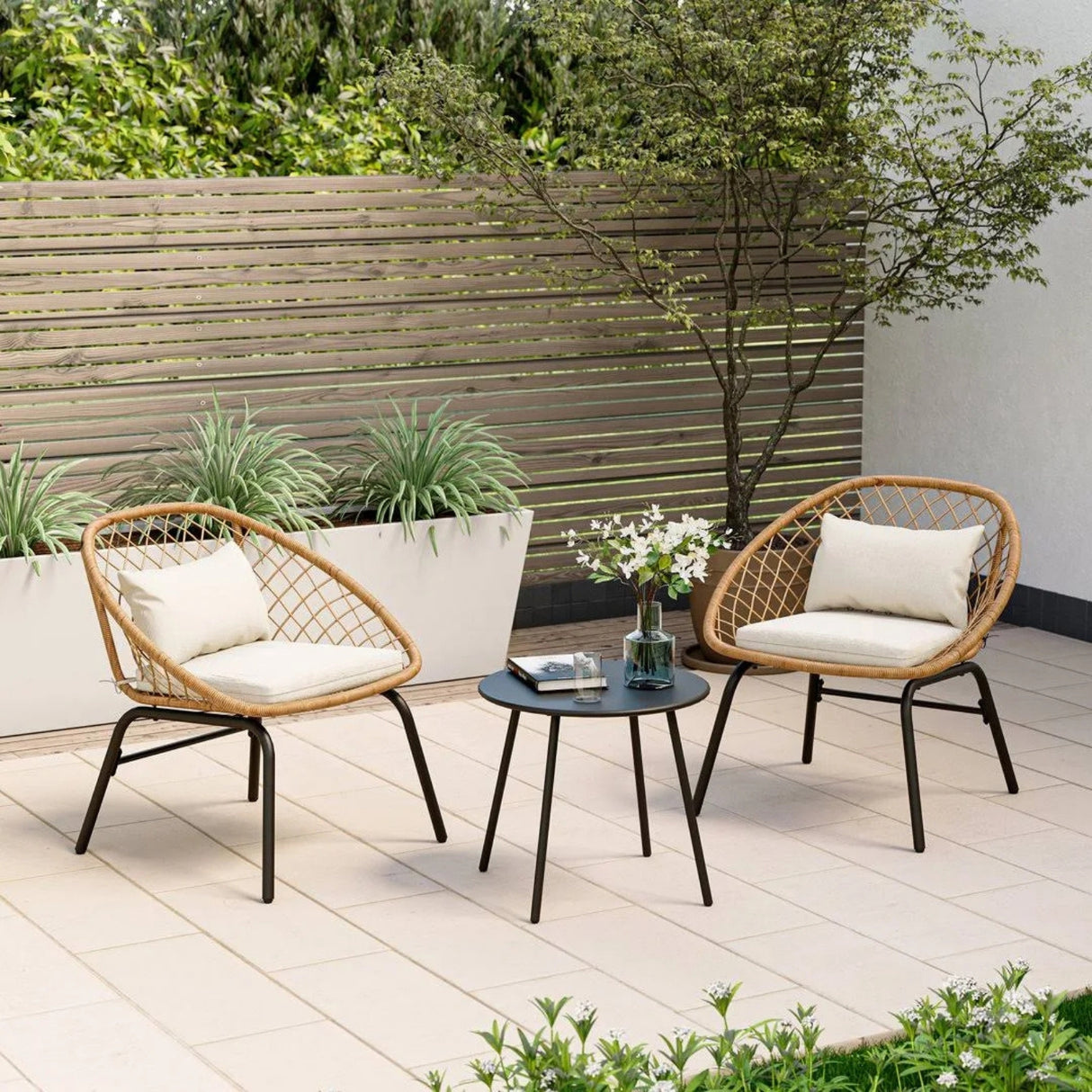 Outdoor Wicker 3-Piece Patio Set (Beige & White)