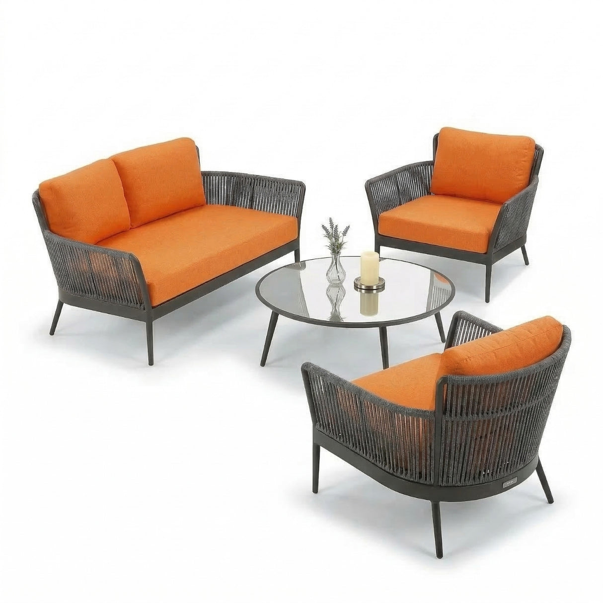 4-Piece Outdoor Rope Patio Furniture Set with Glass Top Table (Grey & Orange)