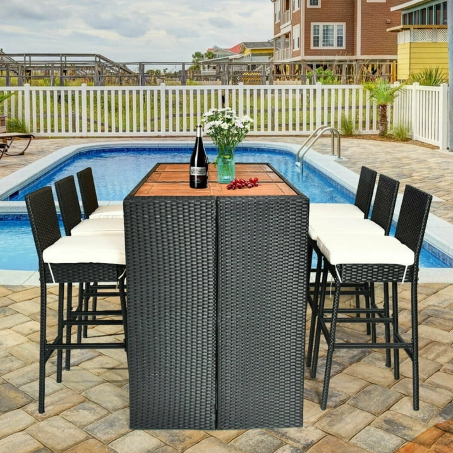 7-Piece Outdoor Rattan Wicker Bar Set with Wooden Top Table