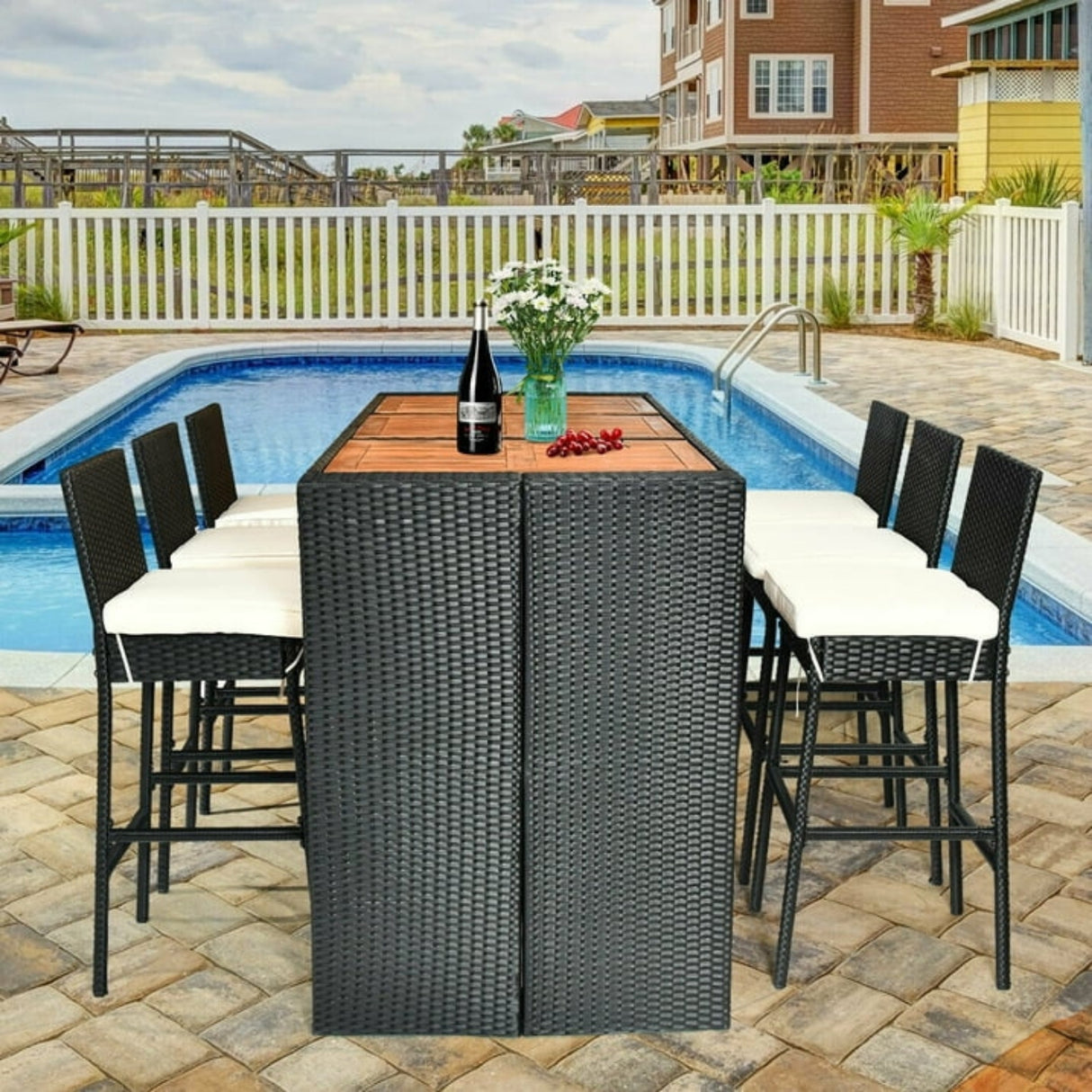 7-Piece Outdoor Rattan Wicker Bar Set with Wooden Top Table