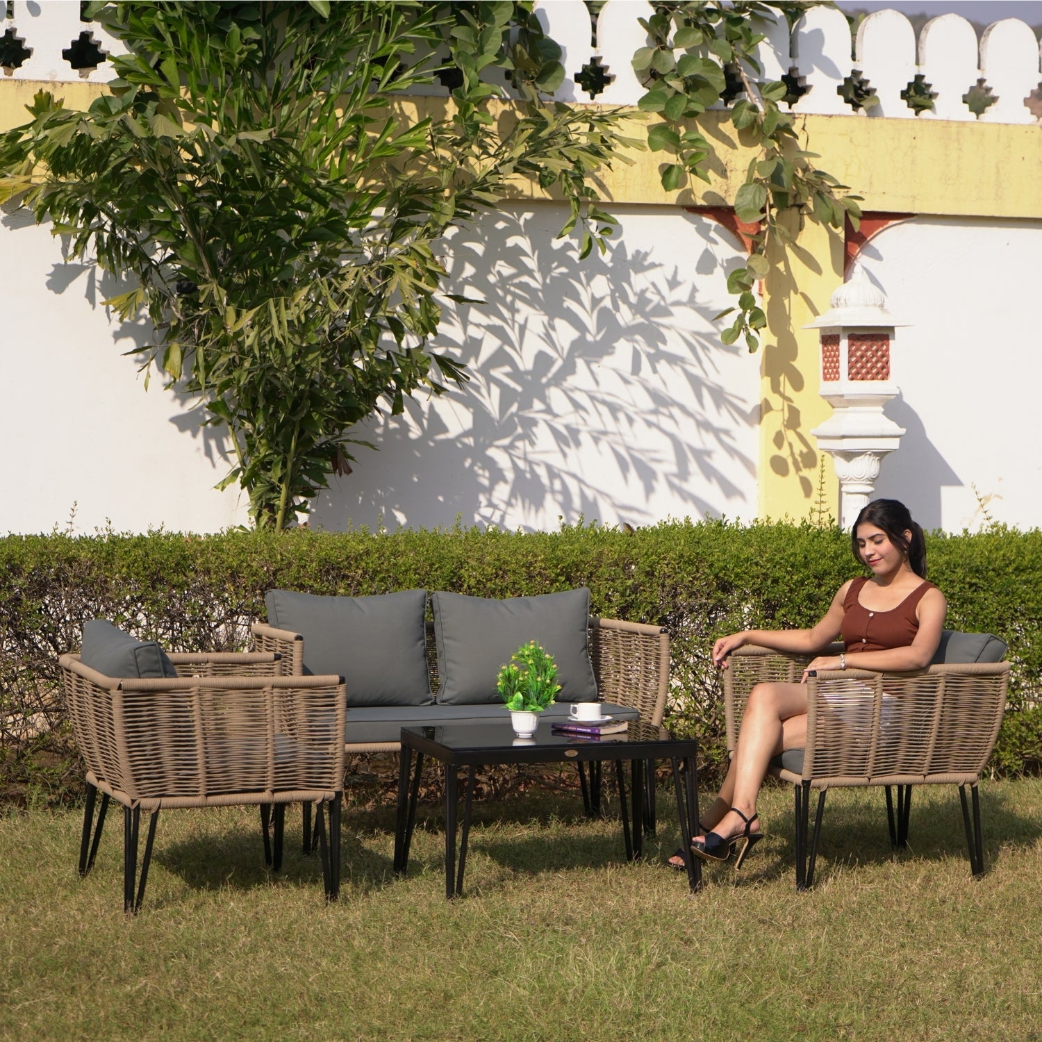 Outdoor Rope 4-Piece Patio Sofa Set with Glass Top Table (Beige & Dark Grey)