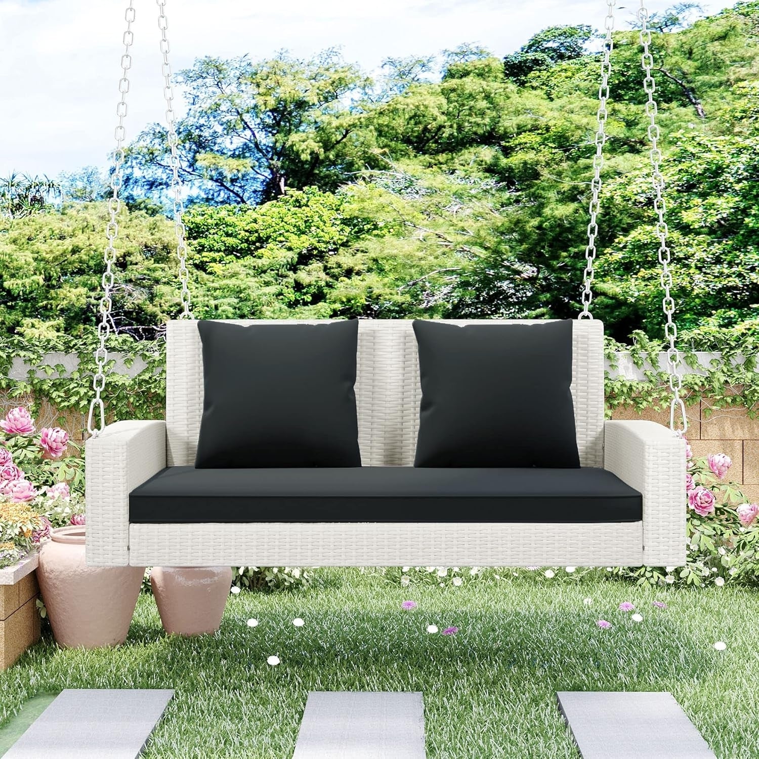 White Rattan Wicker Two Seater Sofa Swing