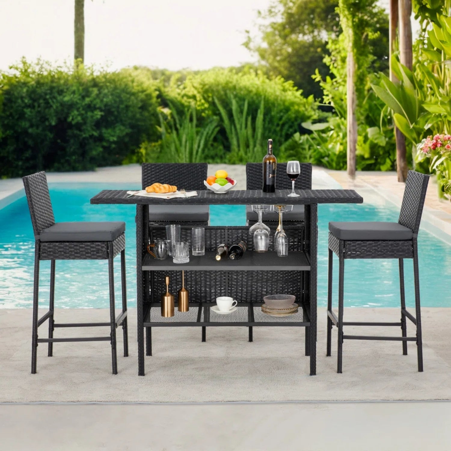 5-Piece Outdoor Rattan Wicker Bar Set with Wicker Top Table