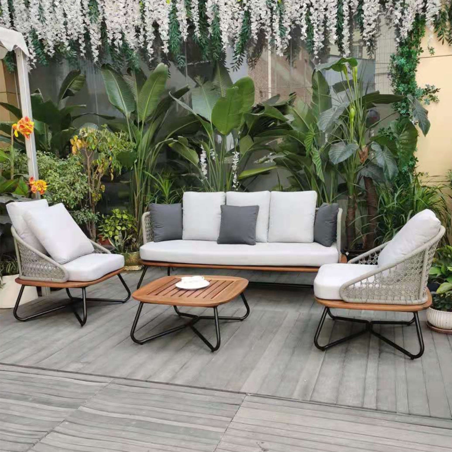5-Seater Outdoor All-Weather Rope Sofa Set With Wooden Base