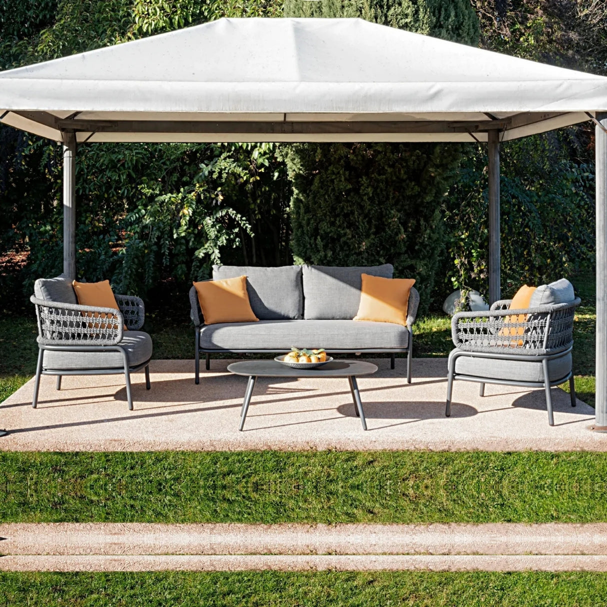 Outdoor Rope 4-Piece Patio Sofa Set with Glass Top Table (Grey)