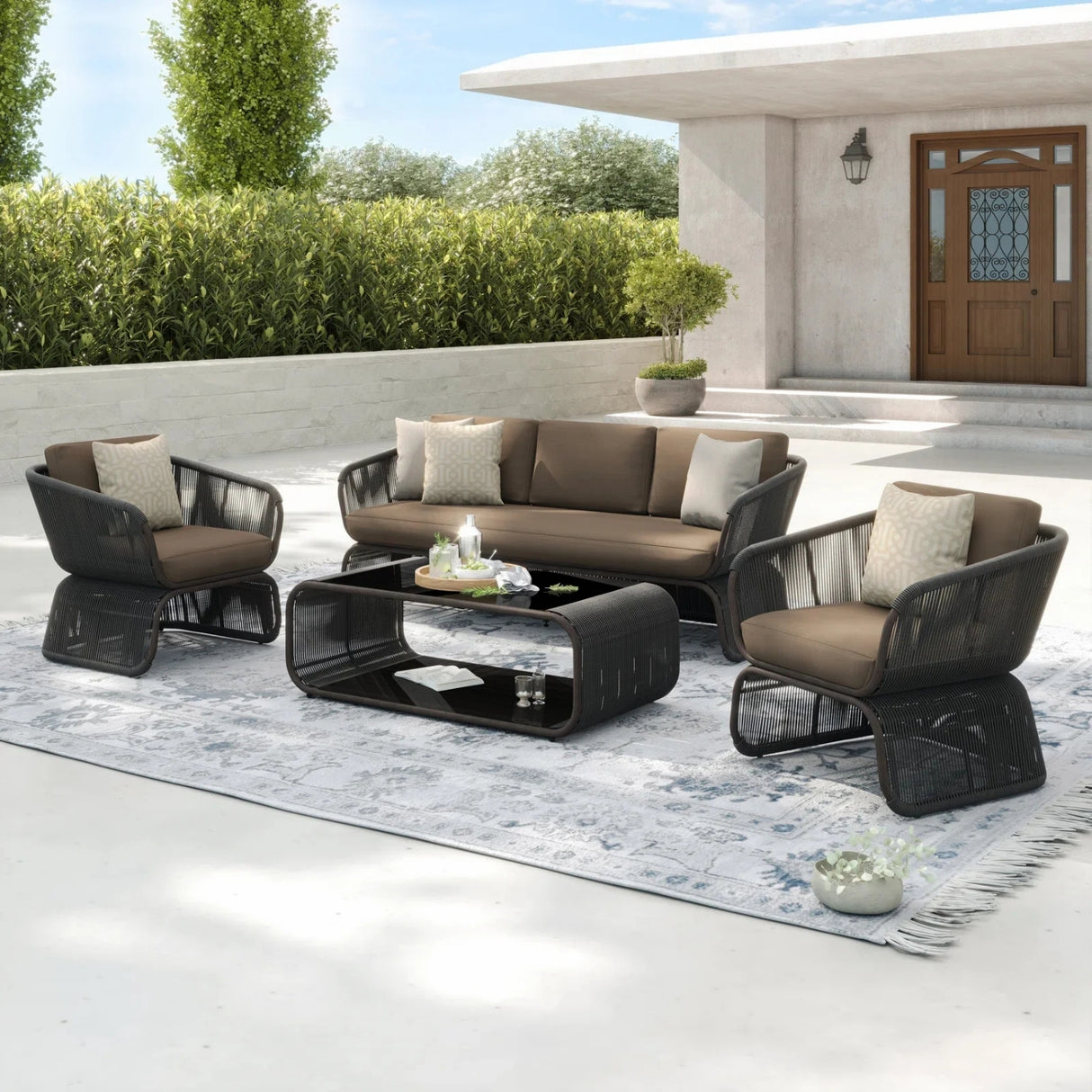 Outdoor Braided Rope Sofa Set With 2-Tier Glass Top Table