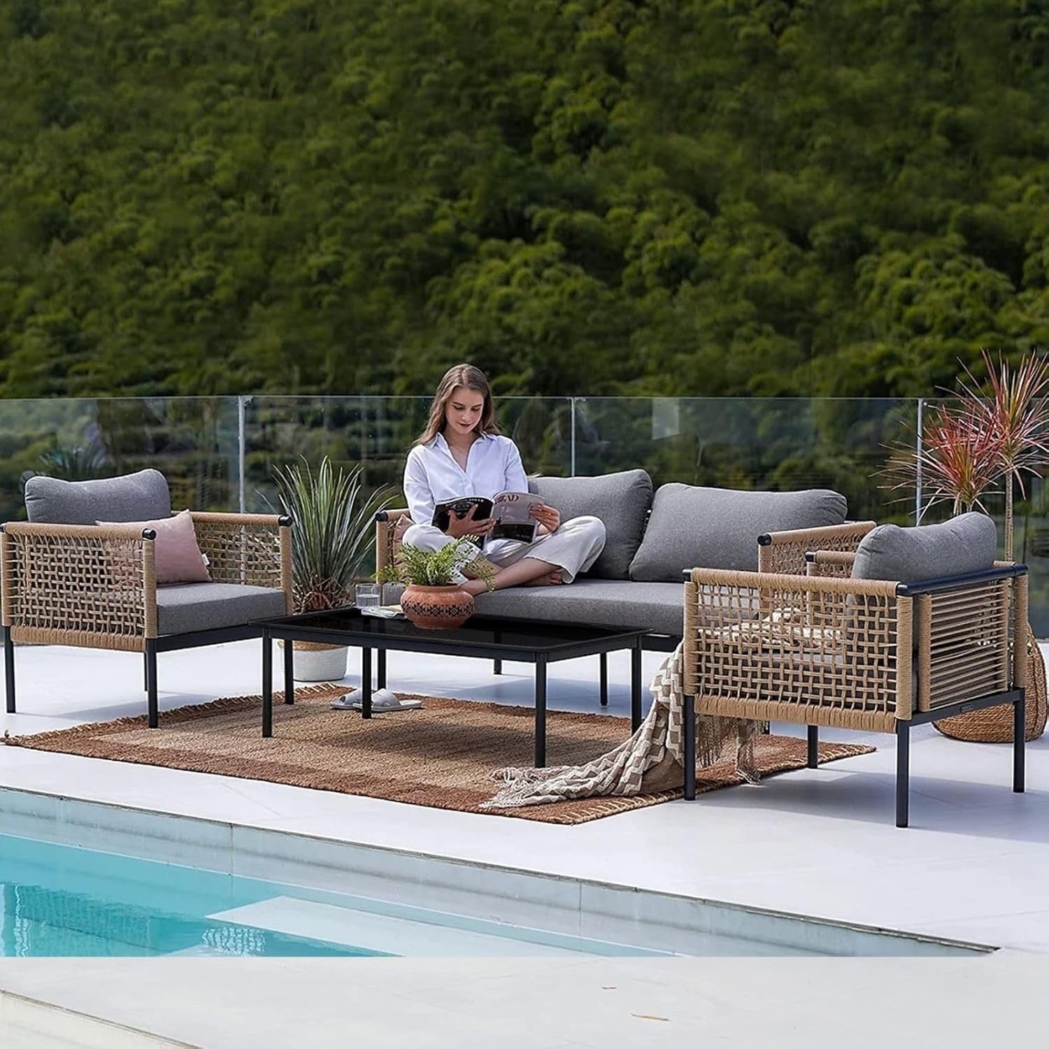 Outdoor Rope 4 Piece Sofa Set (Beige & Grey)