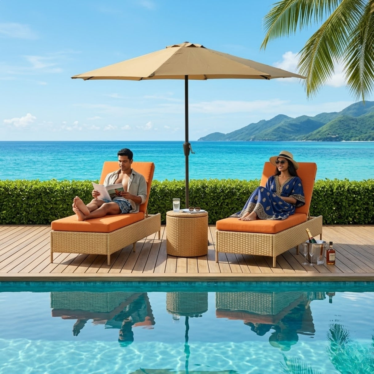 Outdoor Wicker Rattan Lounger Set of 2 with Patio Umbrella (Beige & Orange)