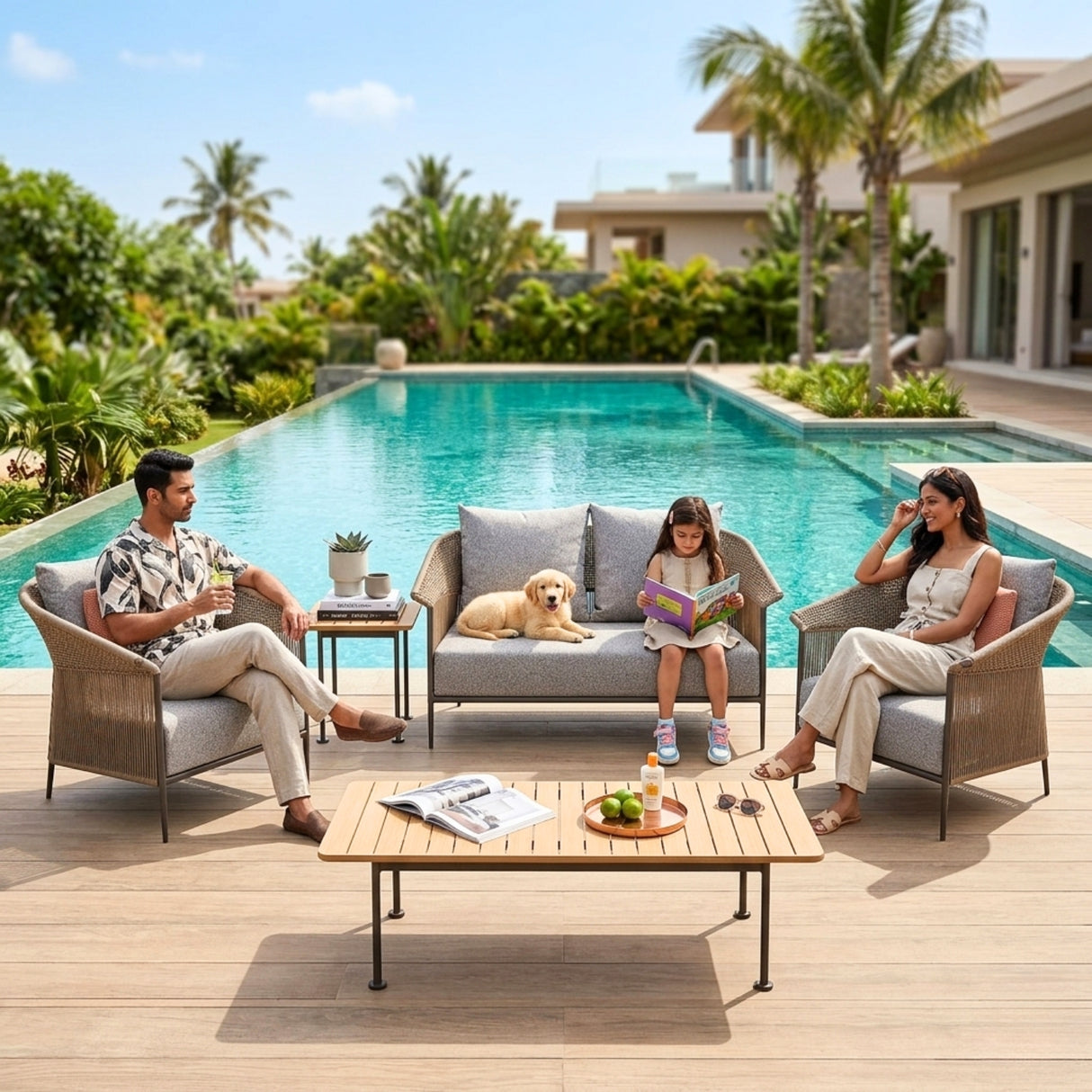 Outdoor Rope Patio Sofa Set with Cushions & Wooden Top Tables