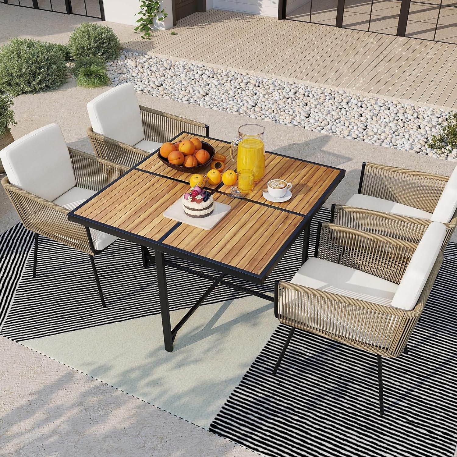 5-Piece Outdoor Patio Dining Set with Square Wood Tabletop